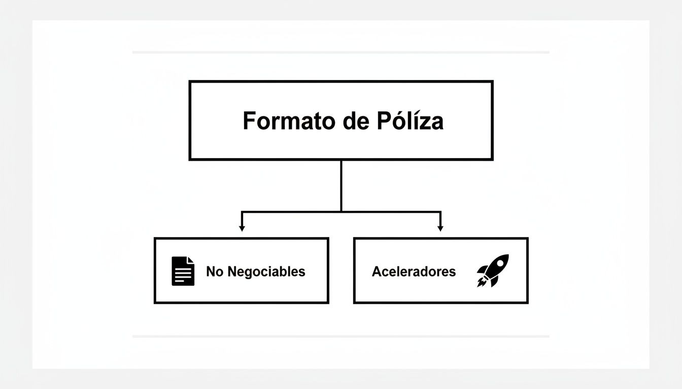 Diagrama de flujo que muestra el formato de póliza con secciones de no negociables y aceleradores.
