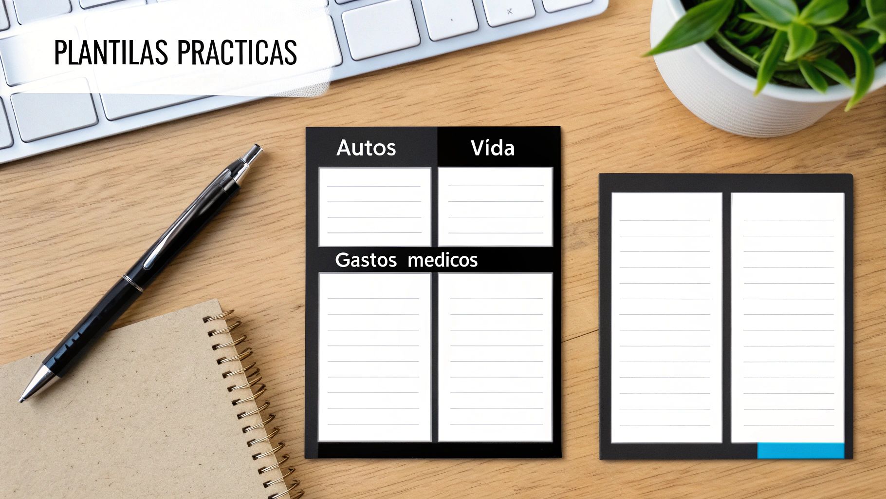 Plantillas prácticas de organización para pólizas de seguros de autos, vida y gastos médicos en un escritorio.