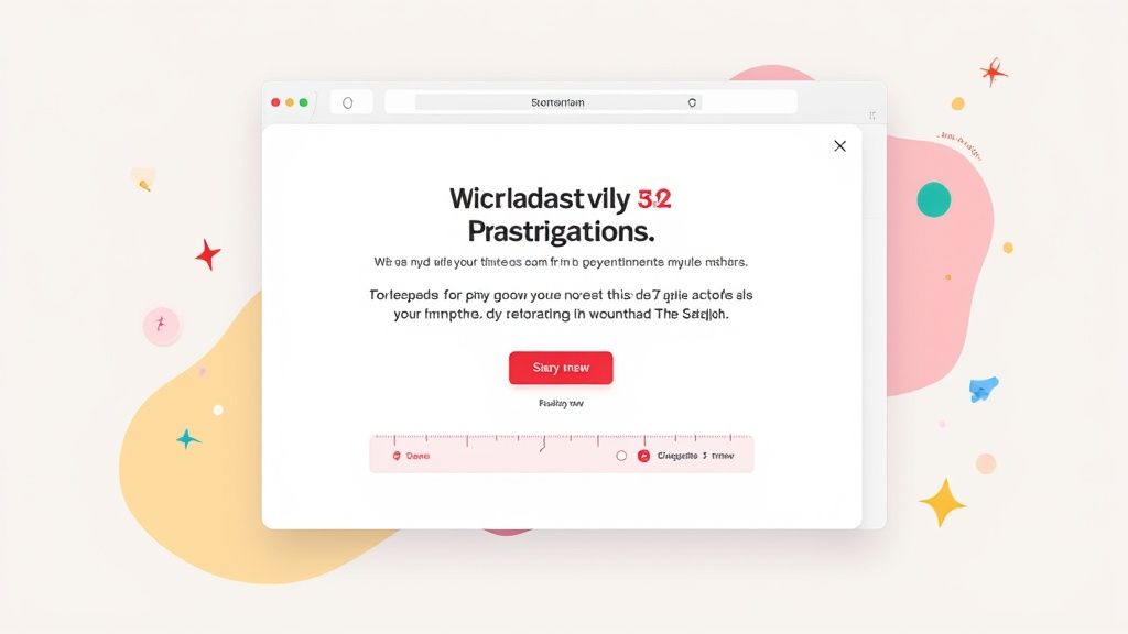 Modal popup window displaying error message with red call-to-action button and playful decorative background elements
