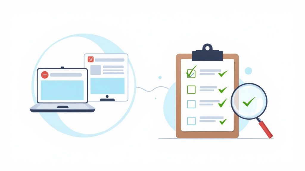 Digital review process: laptop and tablet connected to a checklist with green checkmarks and a magnifying glass.