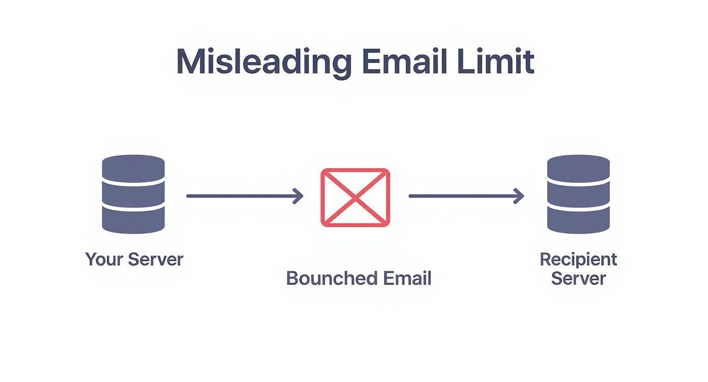 Diagram depicting an email sent from 'Your Server' bouncing before reaching the 'Recipient Server'.