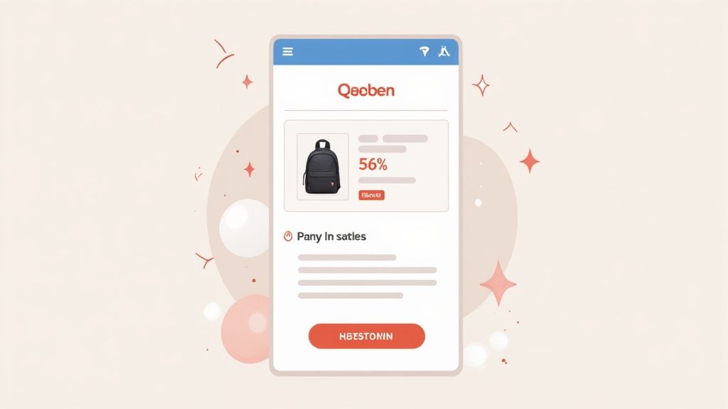A mobile phone displaying an e-commerce app with a black backpack, a 56% discount, and a purchase button.