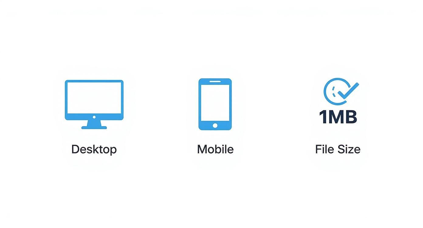 Three icons showing desktop computer, mobile phone, and one megabyte file size limit