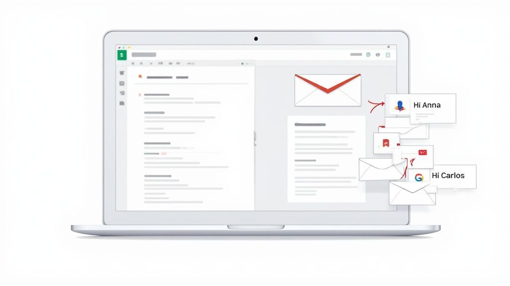 A laptop screen displays a Gmail interface with multiple personalized email notifications like 'Hi Anna' and 'Hi Carlos'.