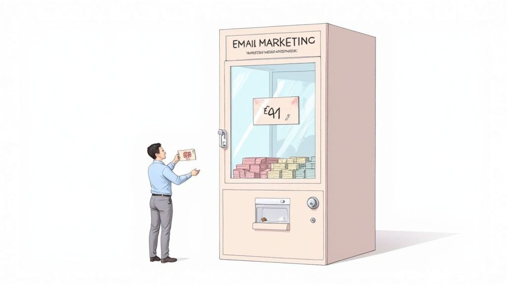 A laptop displaying email marketing campaign data with upward-trending graphs.