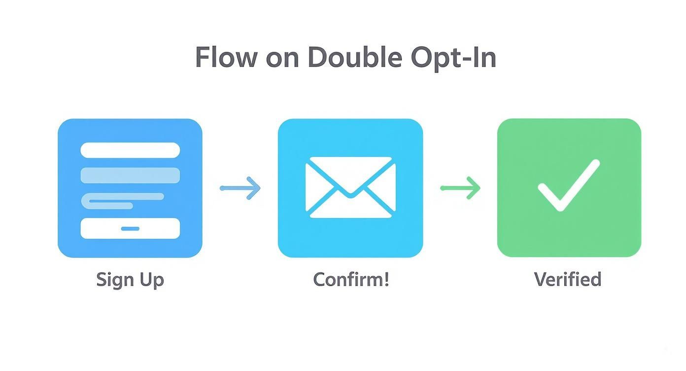 Diagram showing the double opt-in email verification flow: sign up, confirm email, then verified.