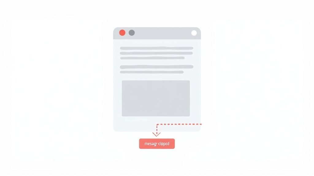 A minimalist illustration shows an email content window with a red button indicating "message clipped" below it.