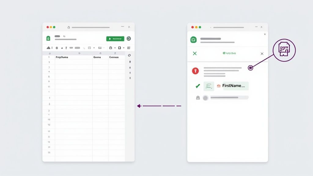Screenshot showing a mail merge workflow, connecting spreadsheet data to an email composition window.