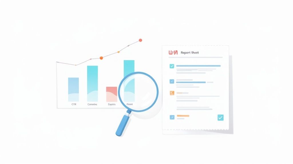 Illustration of data analysis with graphs, a magnifying glass examining results, and a report document.