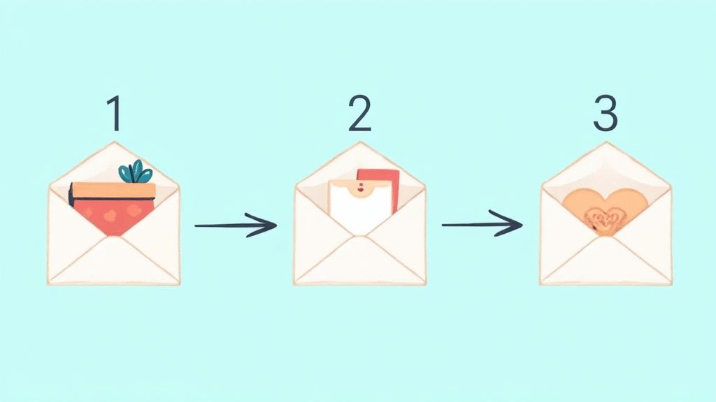 A visual sequence showing three open envelopes with different contents: a gift box, cards, and a heart.