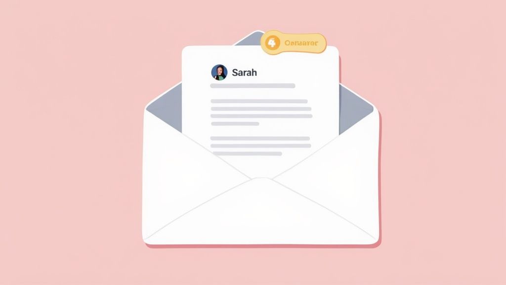 Email envelope with letter from Sarah showing message preview on pink background illustration