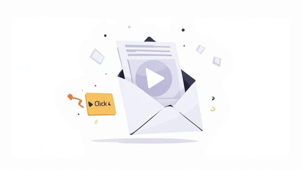 Open envelope revealing video content with play button and click bait message illustration