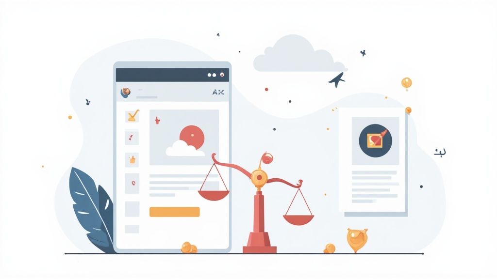 Balance scale and browser window illustration representing email content optimization and compliance decisions