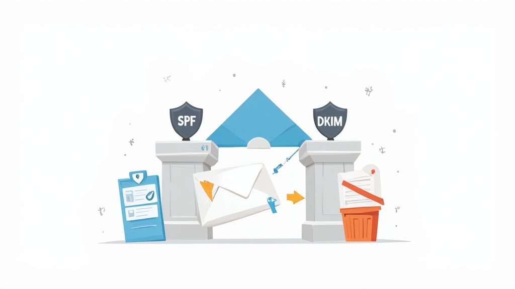 Illustration of SPF and DKIM email authentication shields protecting mail from phishing and spam.