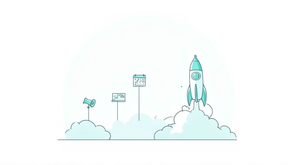 An illustration showing a megaphone, laptop, calendar, and a rocket launching, symbolizing a project launch or growth.