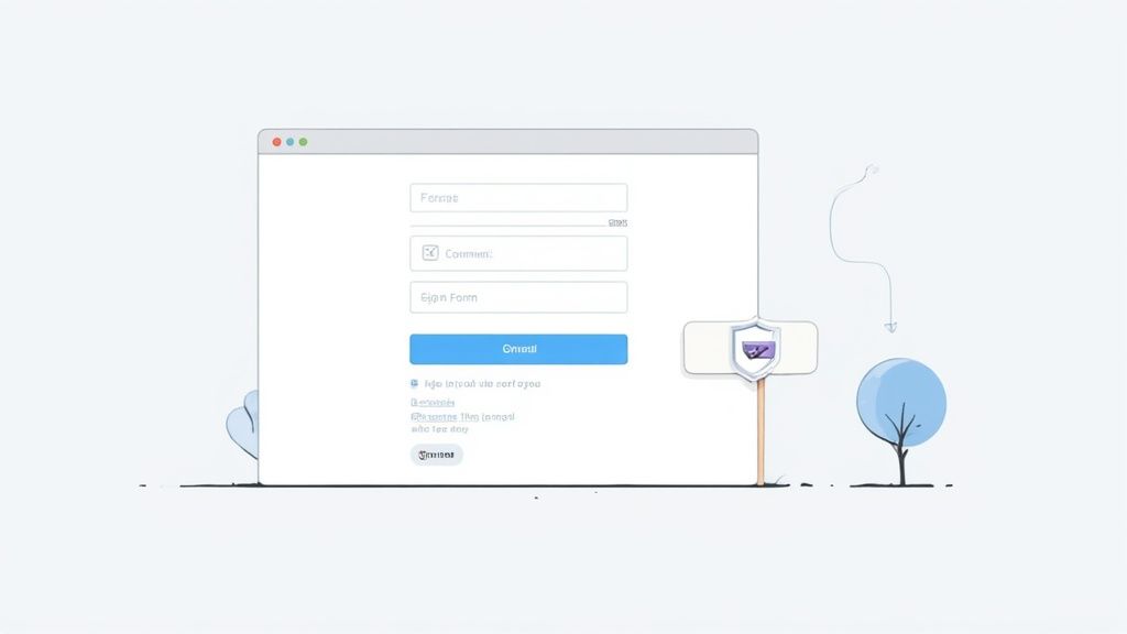 A minimalist illustration shows a computer screen with a secure sign-up form and a shield icon.
