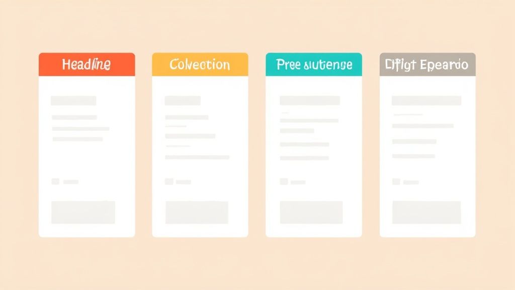 Four email template cards showing different header styles including headline, collection, free shipping, and gift options