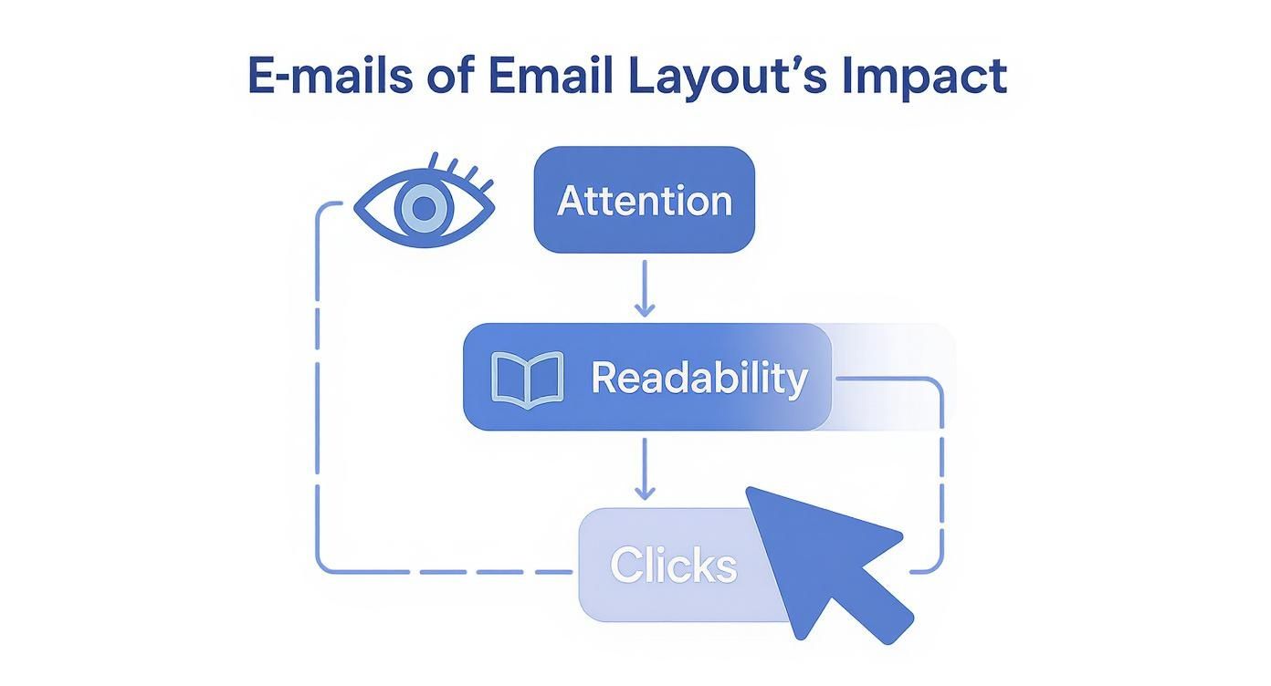Flowchart showing email layout impact progression from attention to readability to clicks with feedback loop