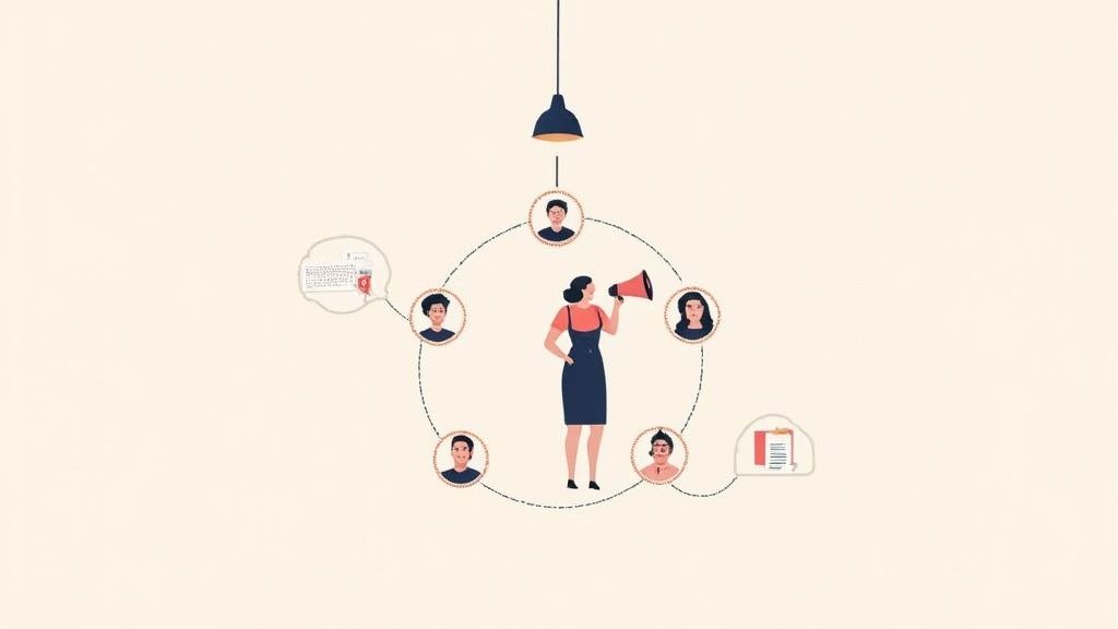 A woman with a megaphone broadcasts to a circular network of diverse individuals and documents.