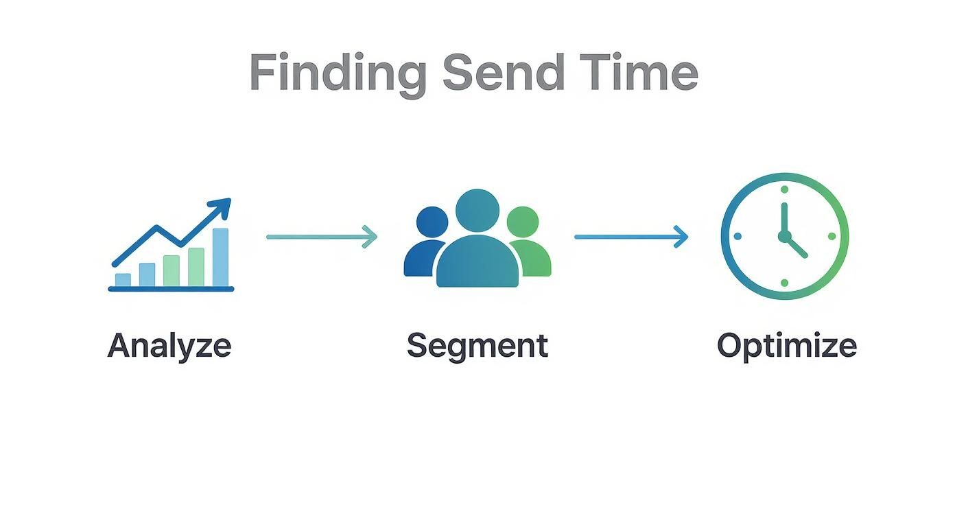 Diagram showing a three-step process to find optimal send time: Analyze, Segment, Optimize.