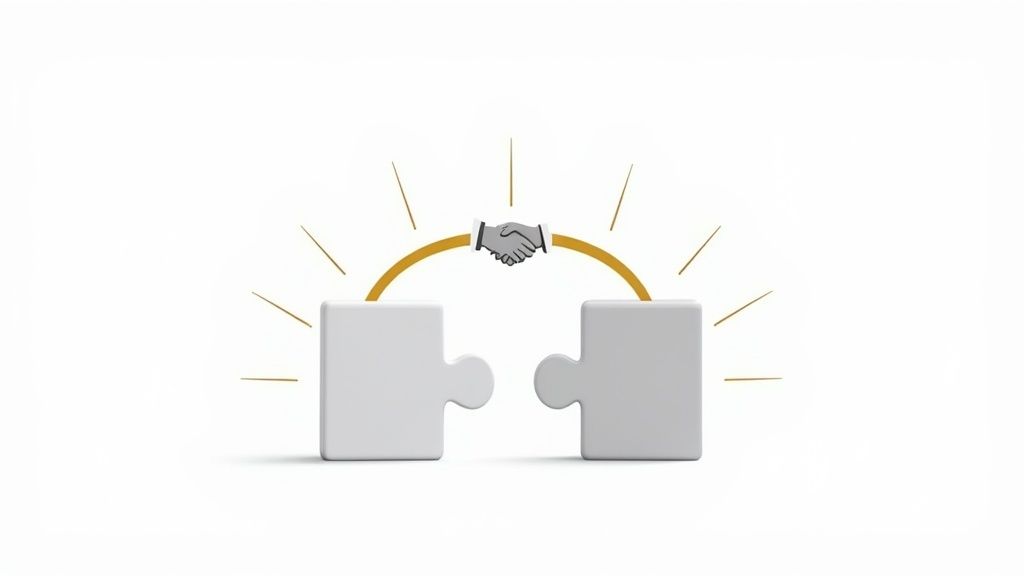 Two puzzle pieces with a handshake above, connected by a golden arc, symbolizing partnership and solutions.