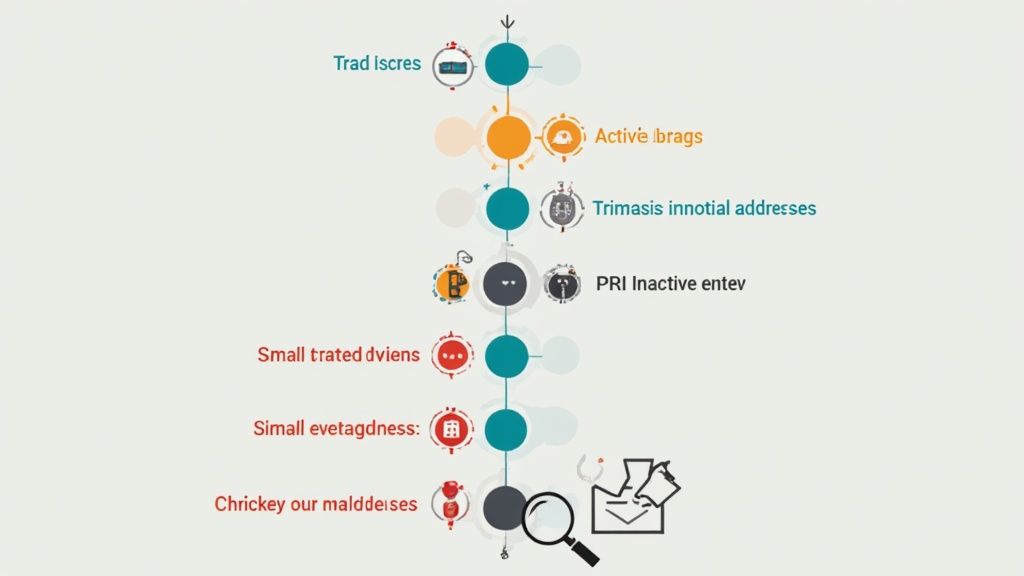 A vertical process flow diagram displaying several steps with text labels and corresponding icons.