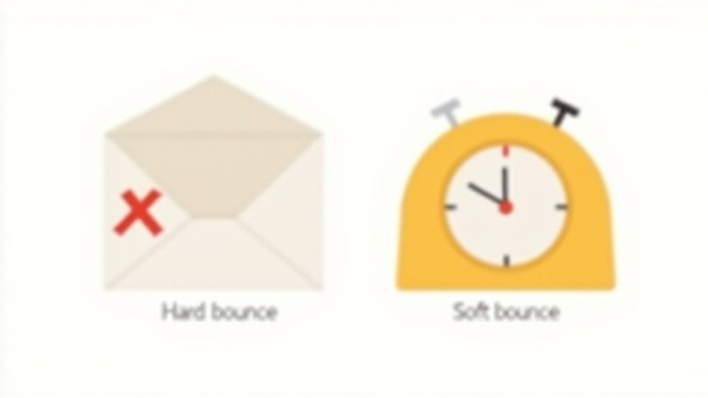 Two icons illustrate email hard bounce (envelope with red X) and soft bounce (yellow alarm clock).
