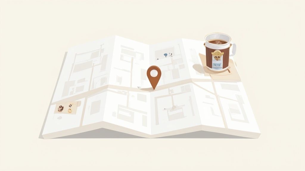 A person using a laptop with a map and location pins, representing local SEO