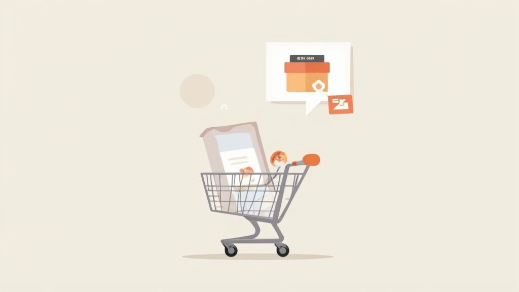 Illustration of a shopping cart with groceries and a notification bubble showing a package, symbolizing online shopping or delivery.
