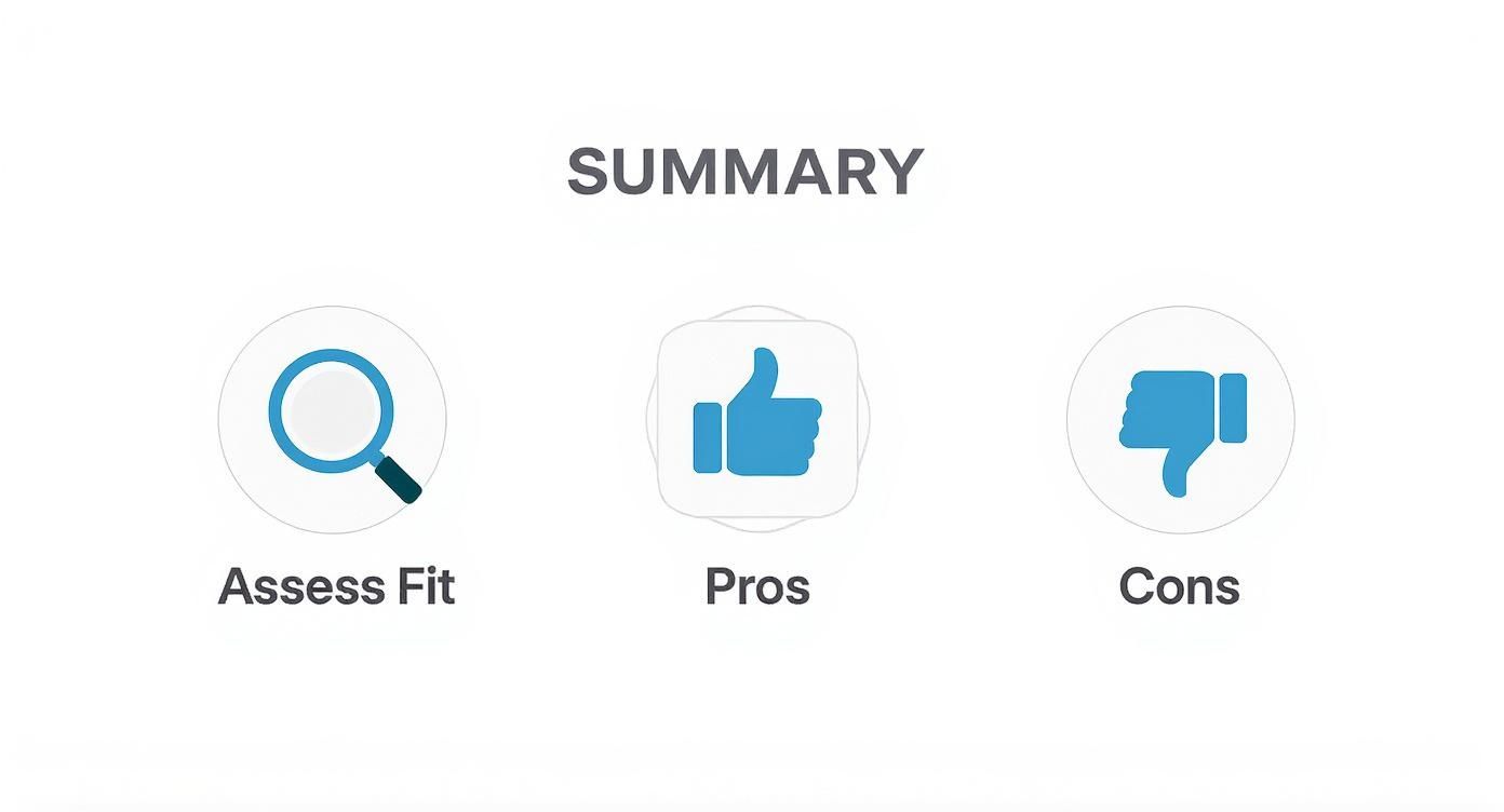 A summary graphic showing icons for 'Assess Fit' (magnifying glass), 'Pros' (thumbs-up), and 'Cons' (thumbs-down).