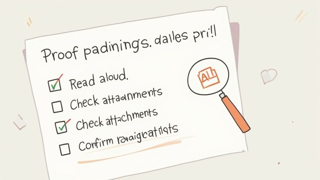 Cartoon image showing a proofreading checklist with tasks like 'Read aloud' and 'Check attachments', alongside a magnifying glass.