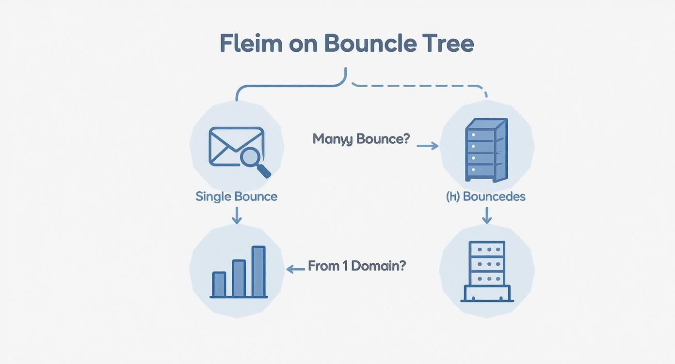 A diagram titled "Fleim on Bouncle Tree" illustrating a decision process for analyzing single and multiple email bounces, considering domains.