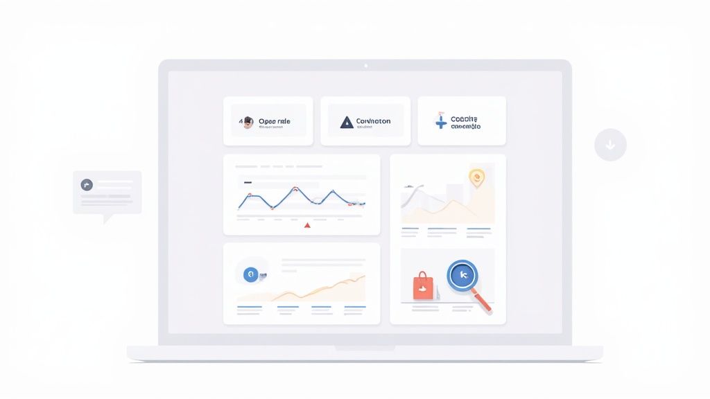 A minimalist laptop displays a clean dashboard featuring various data charts, icons, and information cards.
