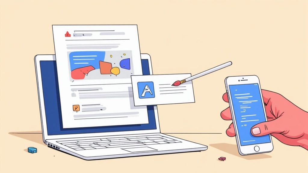 Digital content creation and responsive design illustrated with a laptop, painted graphic, and smartphone.