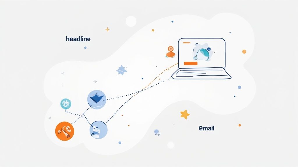 Email marketing workflow illustration showing laptop connected to communication icons and user engagement