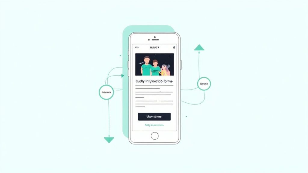 Mobile phone displaying fundraising app interface with donation goals and share button illustration