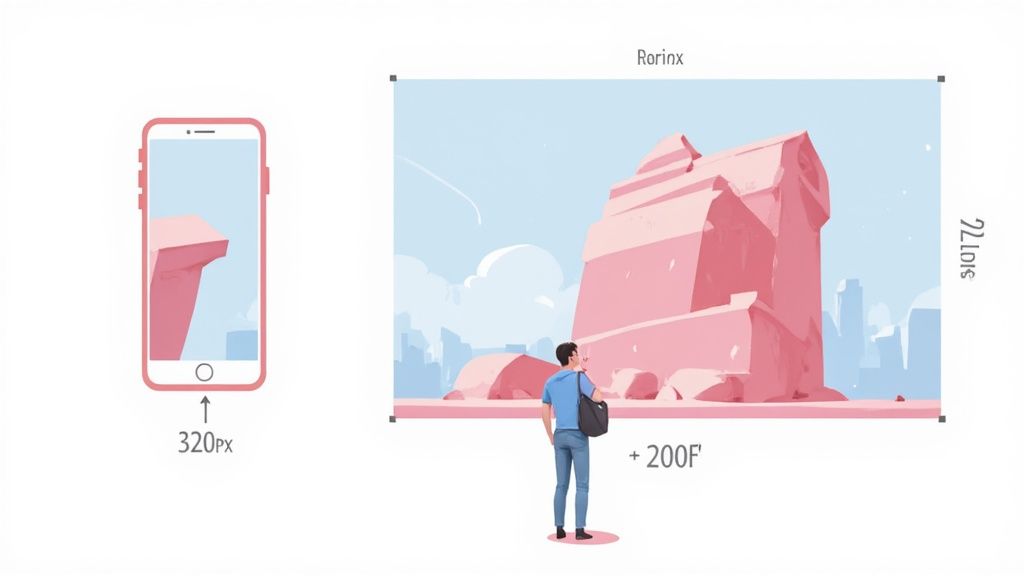 Comparison of mobile phone display size at 320px versus large banner display at 200 feet with Rorinx branding