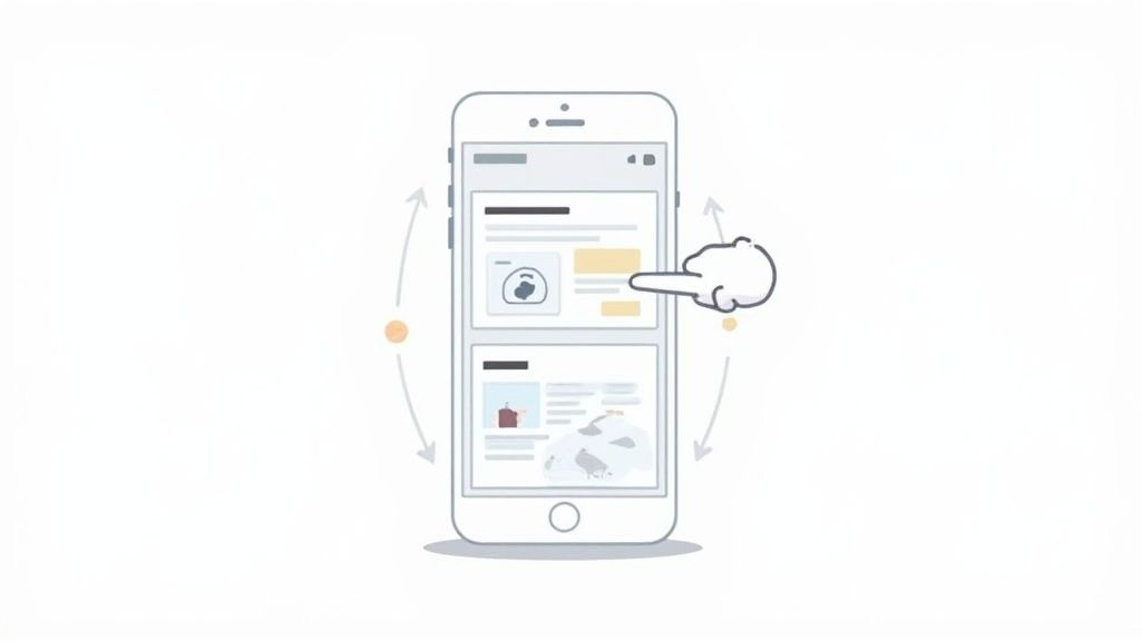 Mobile phone displaying email newsletter feed with cloud sync icon and scrolling arrows illustration