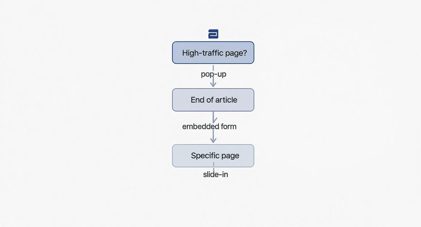 Flowchart illustrating website engagement strategy: pop-up for high-traffic pages, embedded form, and slide-in for specific content.
