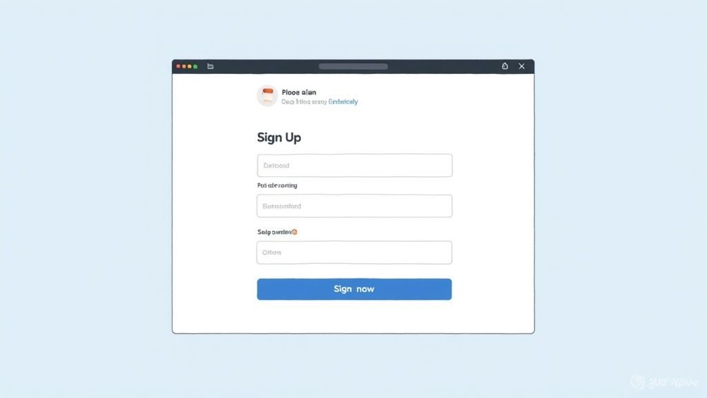A person designing a sign-up form on a laptop, with elements like CTA buttons and text fields floating around.