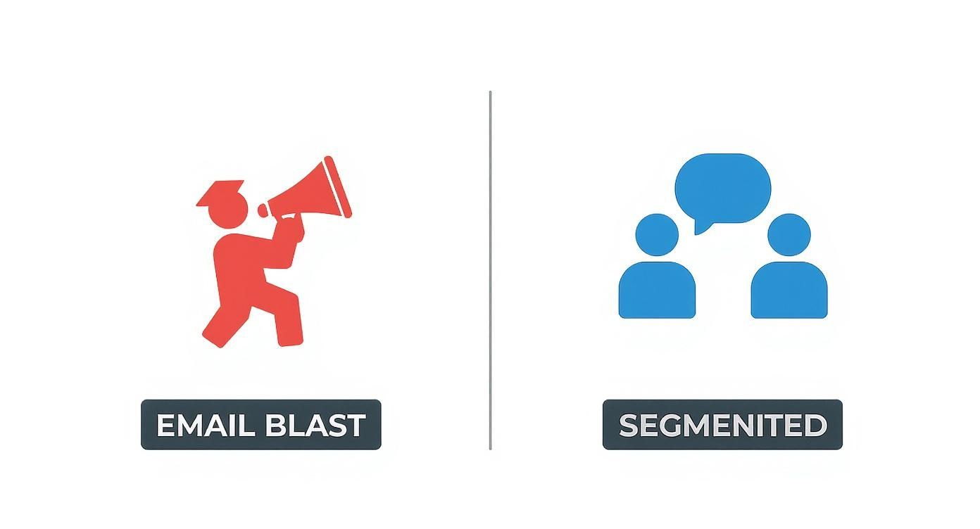 Icons illustrating the difference between generic email blasts and segmented marketing approaches.