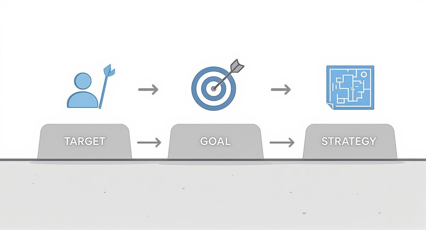 Infographic showing a three-step process for building an email list: Target, Goal, Strategy.