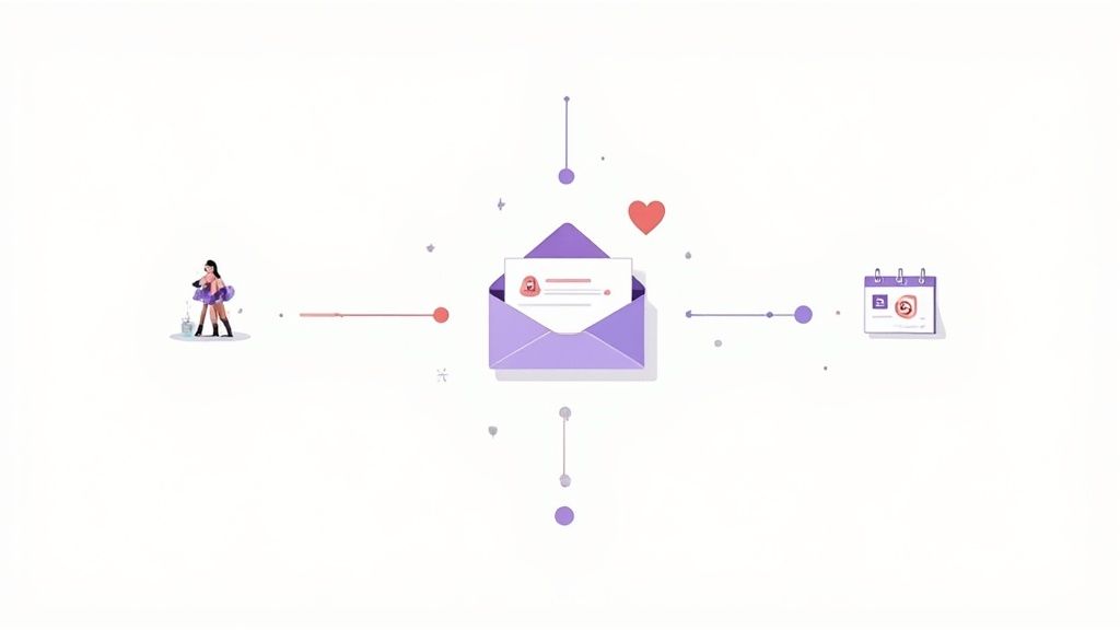 A vibrant illustration depicting a woman, an open email with a message, a heart, and a calendar.