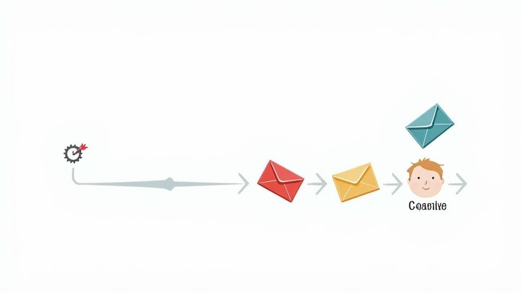 Illustration of a communication process flow with envelopes (red, yellow, blue) and a person's face.