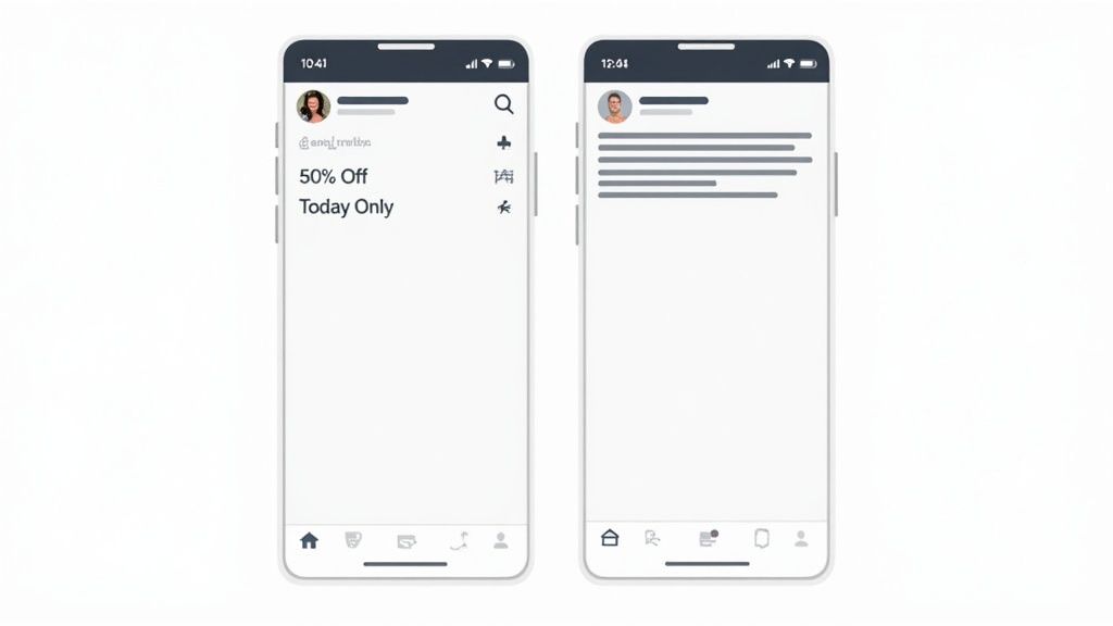 Two mobile phone screens showing email marketing promotional message with fifty percent discount offer