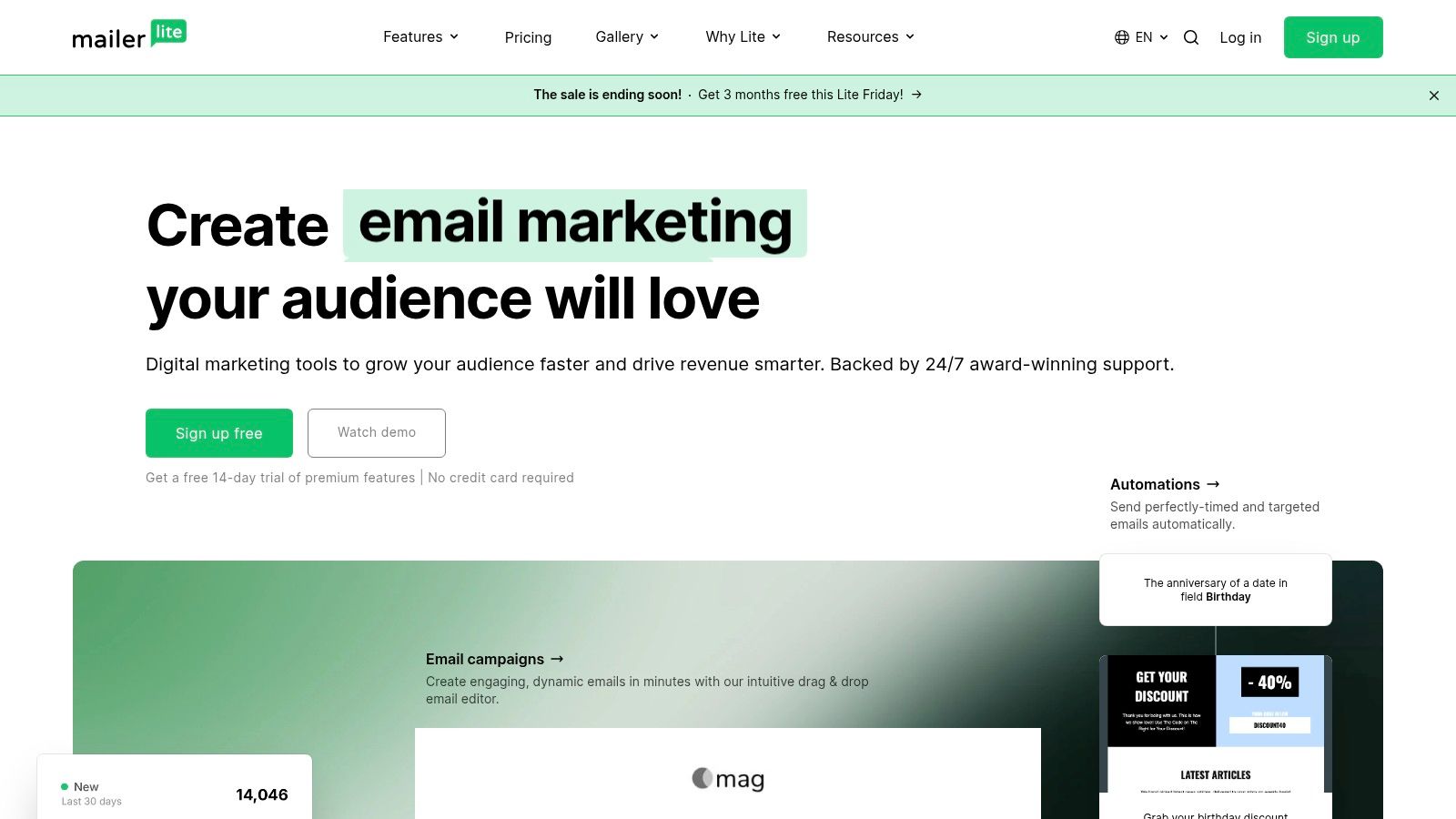 A screenshot of the MailerLite dashboard showing campaign creation options, illustrating its user-friendly interface.
