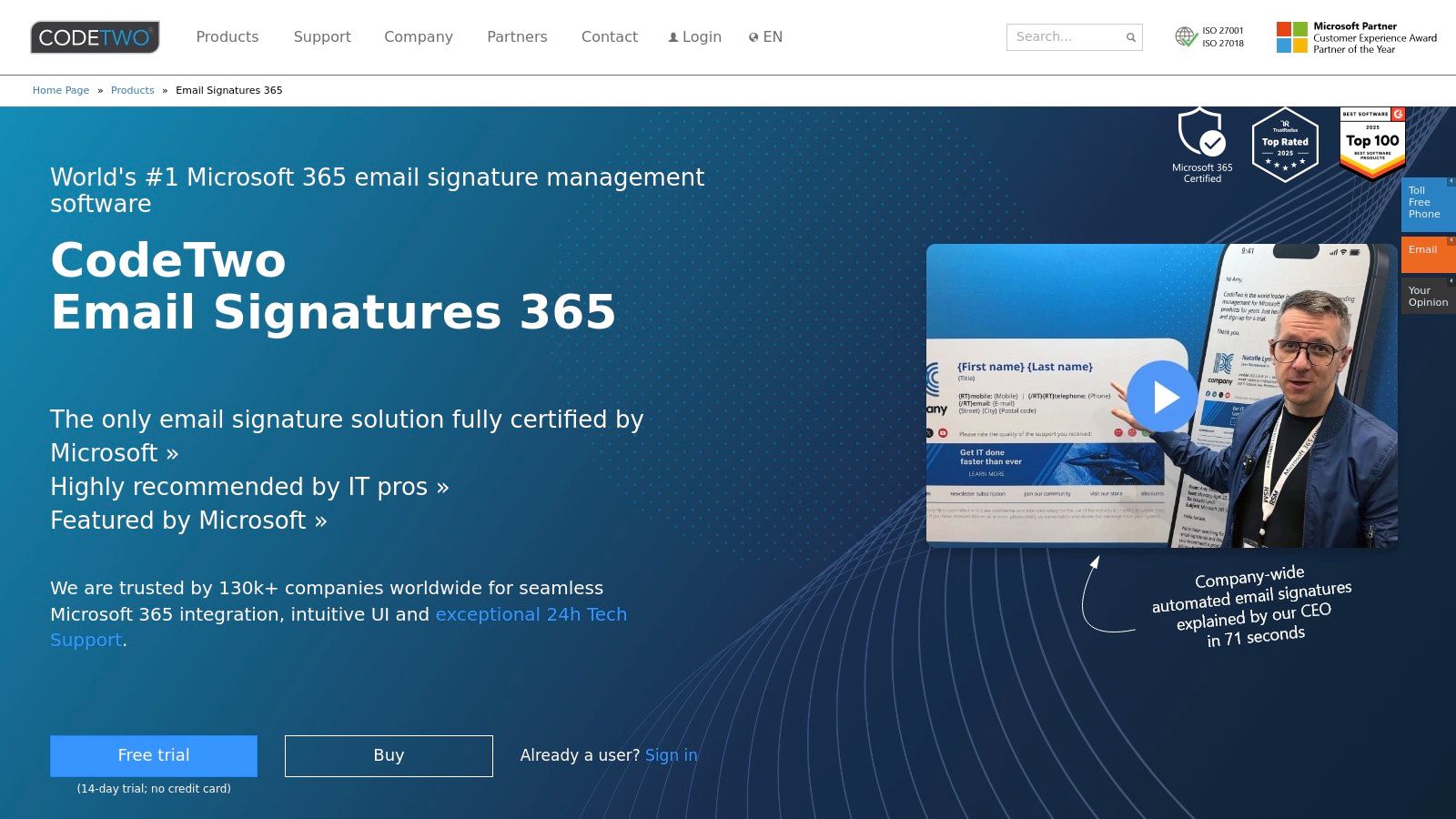 A user interface of CodeTwo Email Signatures 365 showing a dashboard with signature rules and templates, highlighting the management capabilities for holiday campaigns.