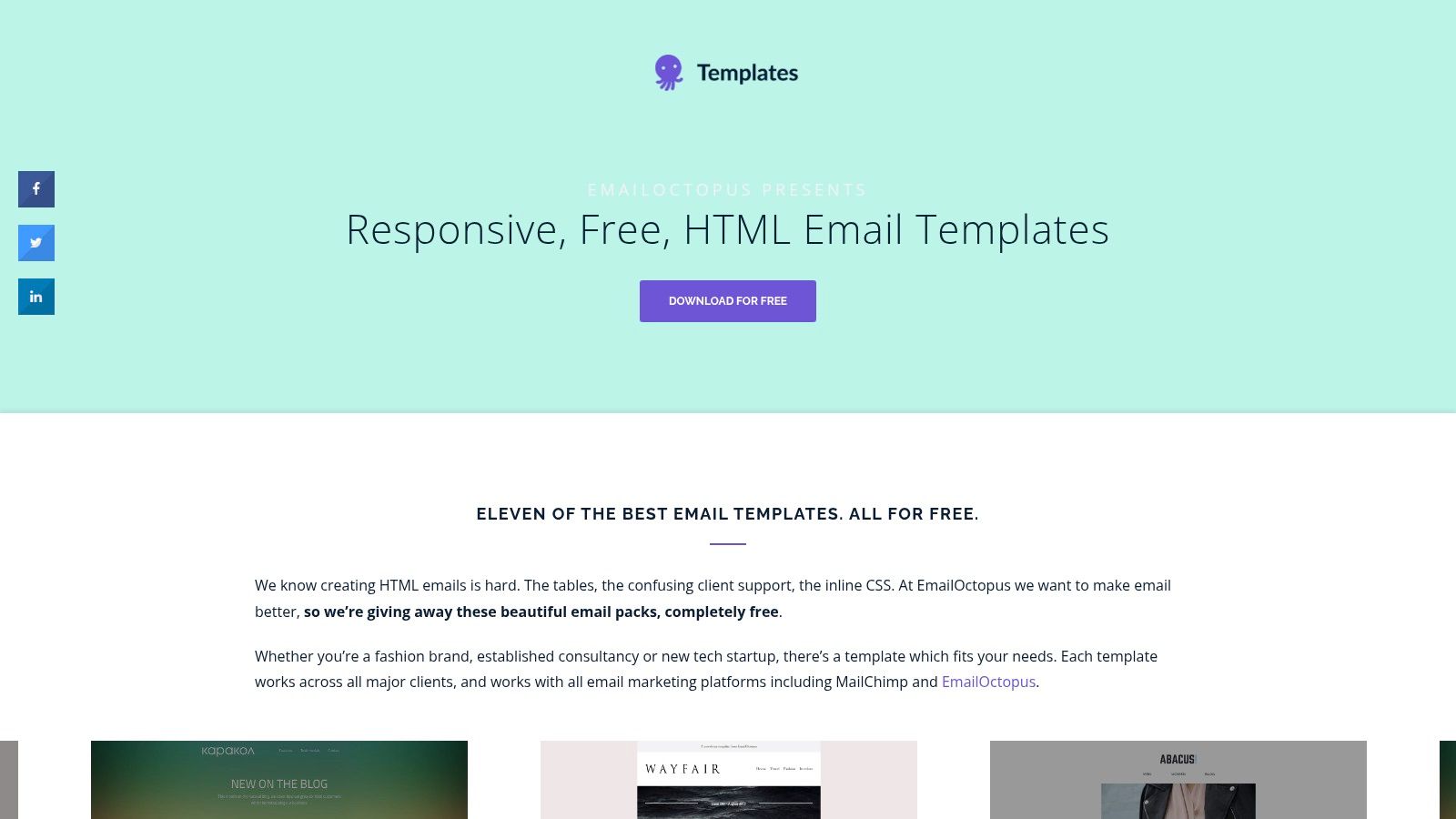 A gallery view of various clean and modern email templates available from EmailOctopus, showing different layouts for announcements, newsletters, and e-commerce.