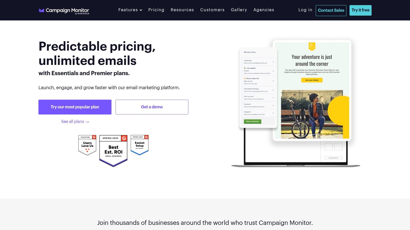 A screenshot of the Campaign Monitor dashboard, highlighting its clean design and email journey builder.