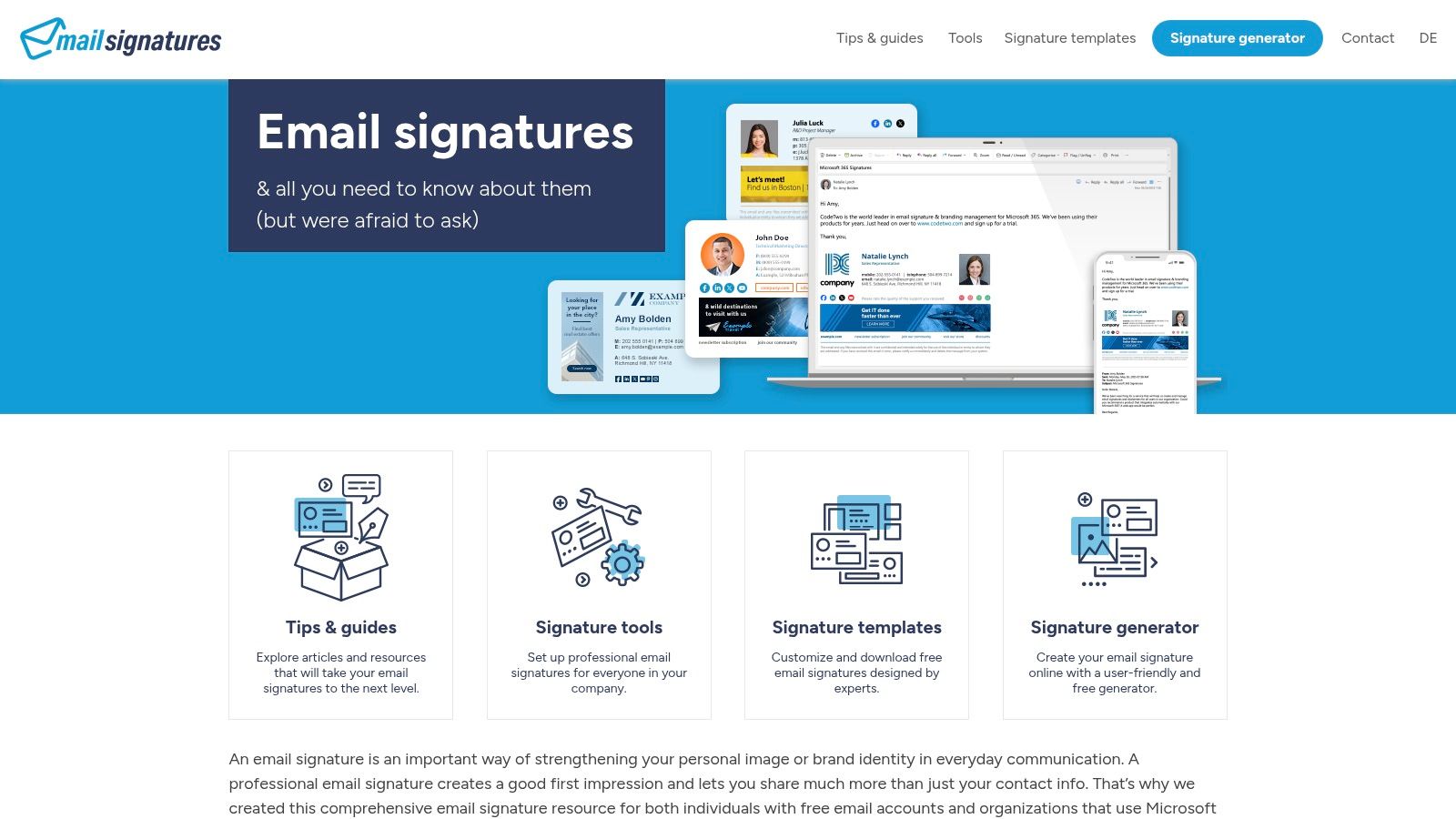A collage showing various Christmas-themed email signature templates available on Mail-Signatures.com, featuring festive elements like baubles, snowflakes, and holiday greetings.